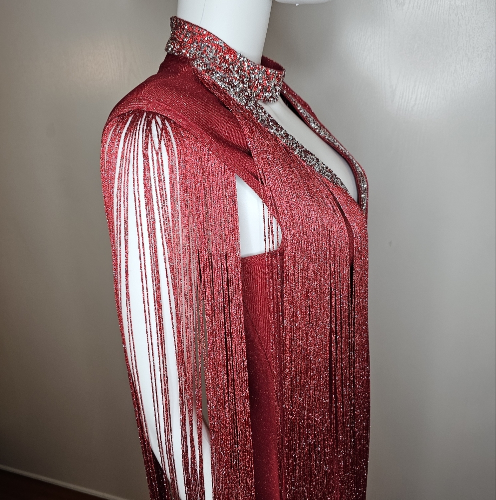 Anewsta Fringe Bodycon Evening Cocktail Dress Size S EU 36 US 4 Deep V Sparkle - Picture 5 of 16
